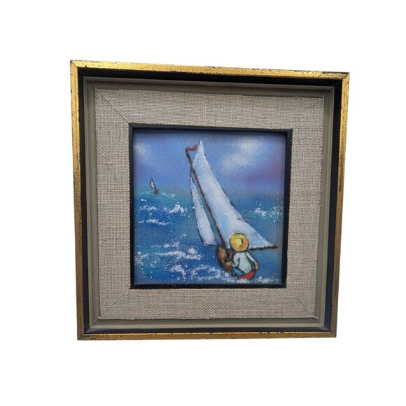 Vintage Framed Nautical Sailboat Painting on Tile by Ann Berthia - Picture 6 of 8